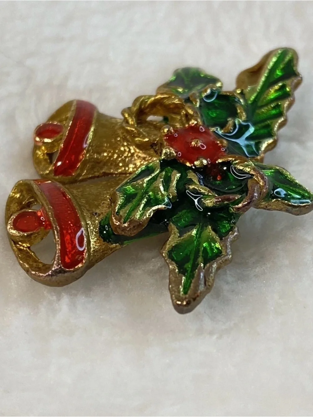 Holiday Bells Pin - Gold, Green & Red Festive Brooch